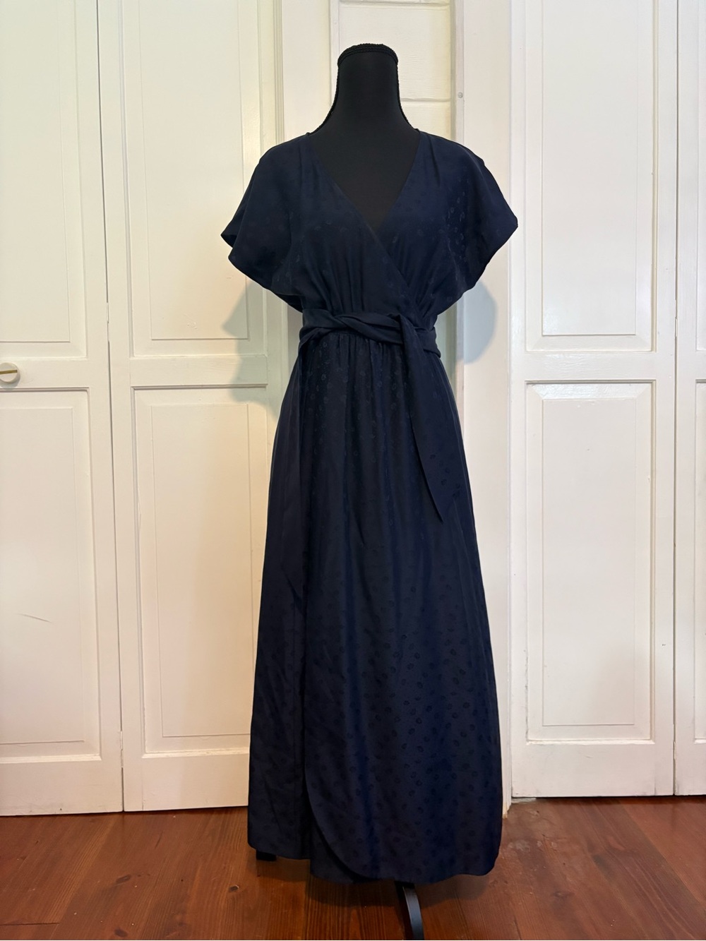 Sezane Navy Wrap Maxi Dress with Self-Tie Waist